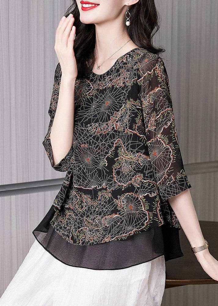 Vogue Black O-Neck Print Chiffon Top Long Sleeve