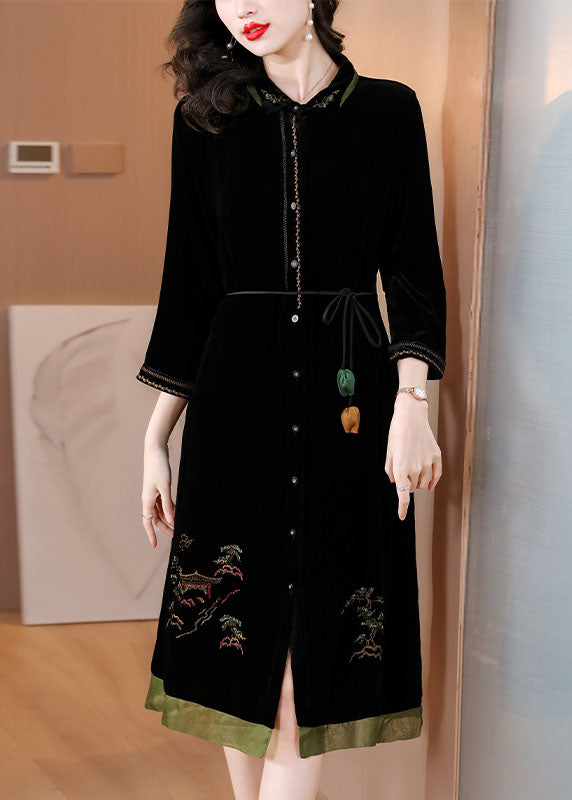 Vogue Black Peter Pan Collar Embroideried Tie Waist Silk Velour Vacation Dresses Fall