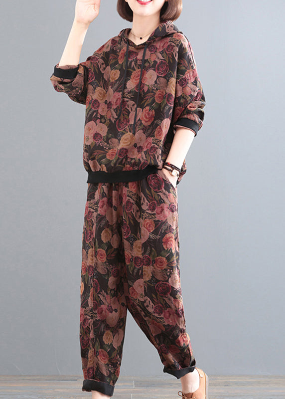 Vogue Black Print Linen Hooded Top And Pants Two Pieces Set Fall