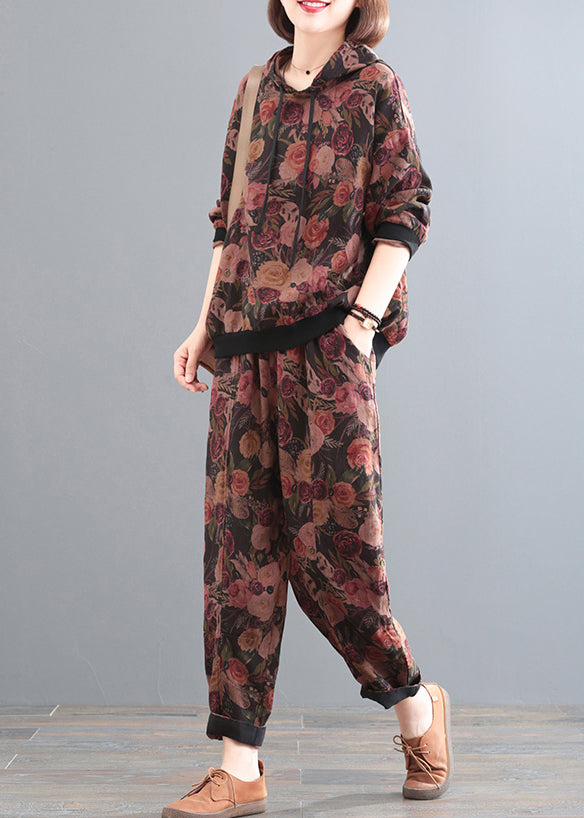Vogue Black Print Linen Hooded Top And Pants Two Pieces Set Fall