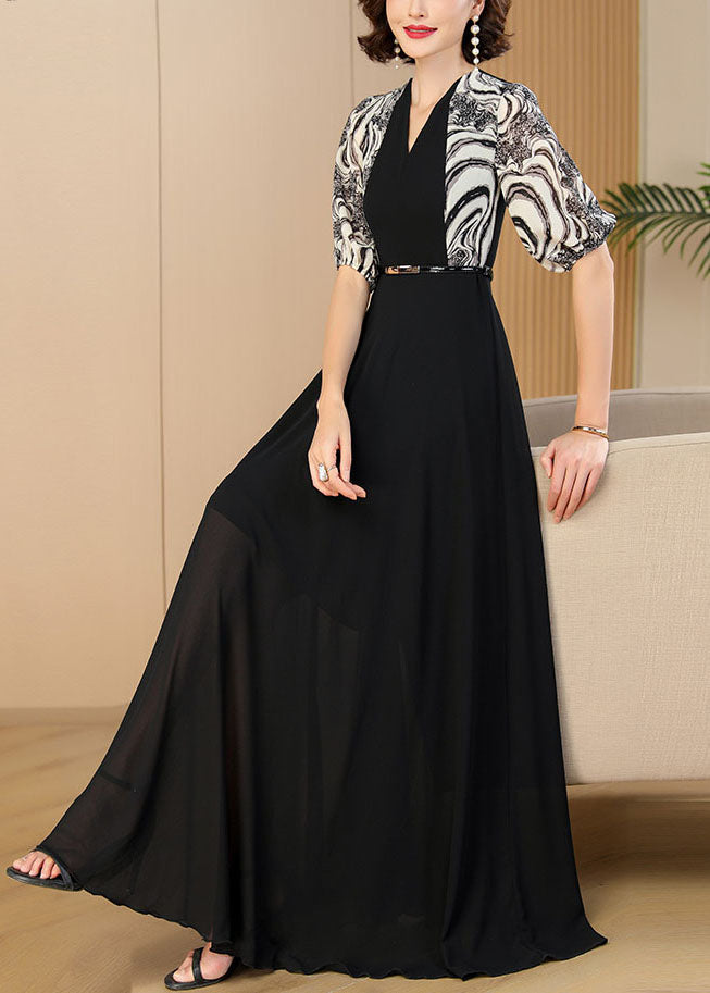 Vogue Black Print Patchwork High Waist Sashes Chiffon Maxi Dress Summer