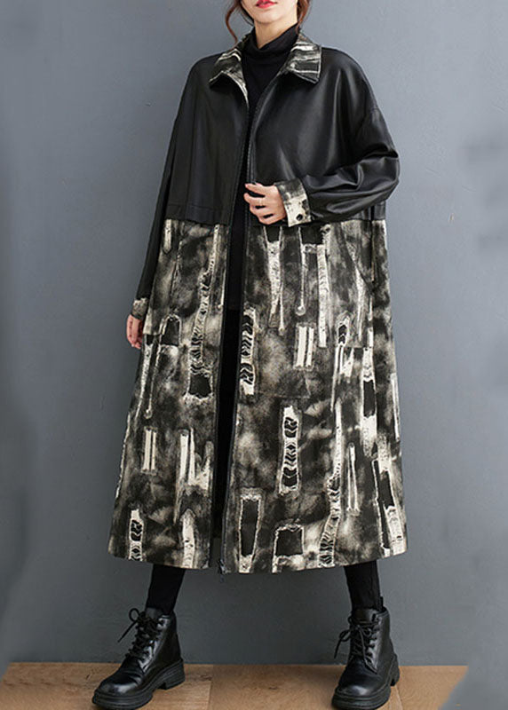 Vogue Black Stand Collar Print Faux Leather Patchwork Long Trench Coats Long Sleeve