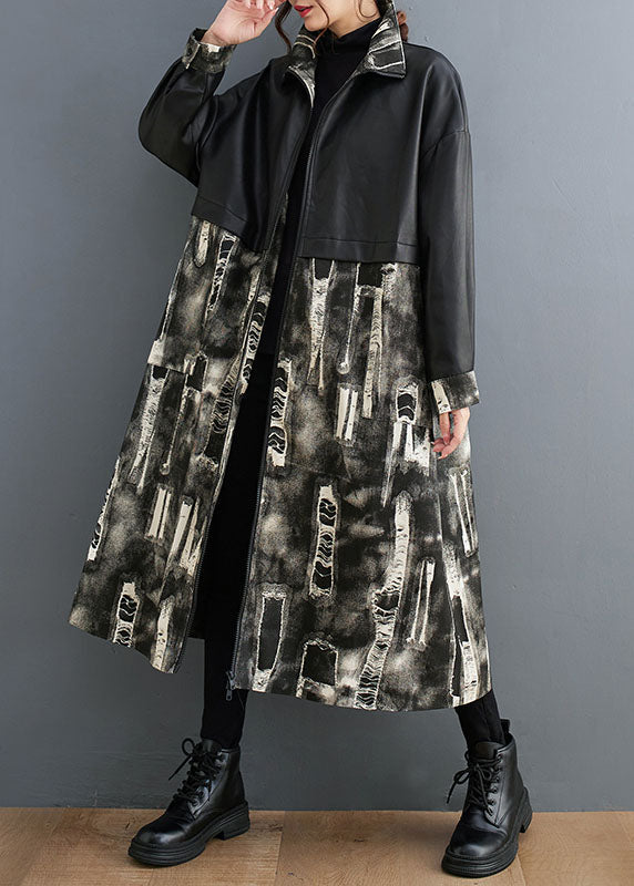 Vogue Black Stand Collar Print Faux Leather Patchwork Long Trench Coats Long Sleeve