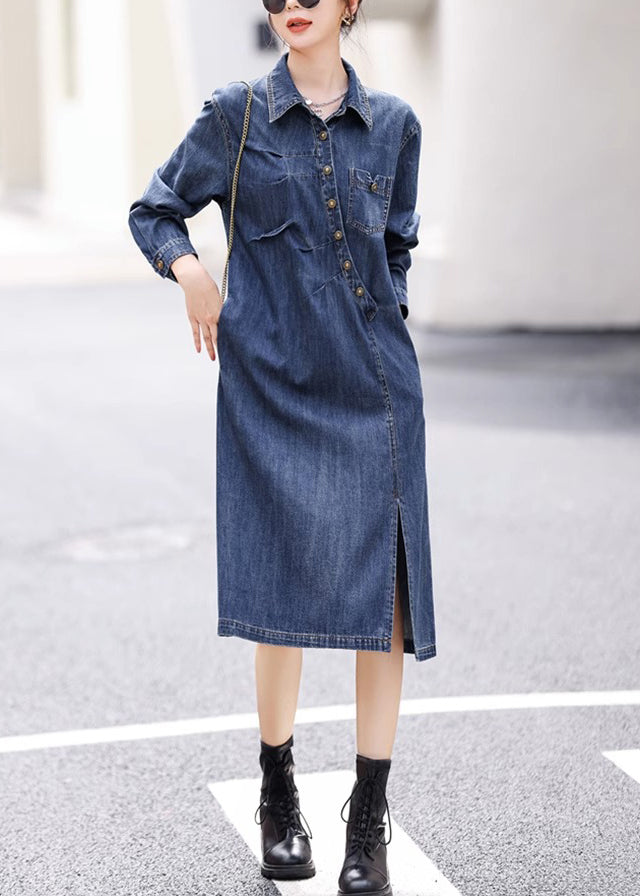 Vogue Blue Asymmetrical Patchwork Side Open Button Denim Long Dresses Fall