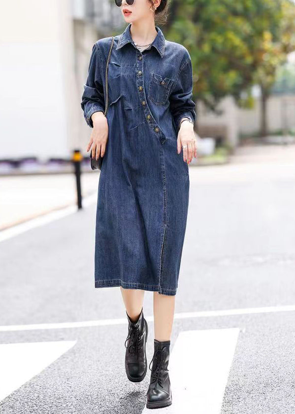 Vogue Blue Asymmetrical Patchwork Side Open Button Denim Long Dresses Fall