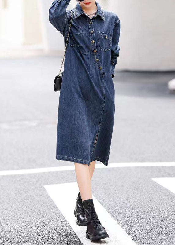 Vogue Blue Asymmetrical Patchwork Side Open Button Denim Long Dresses Fall