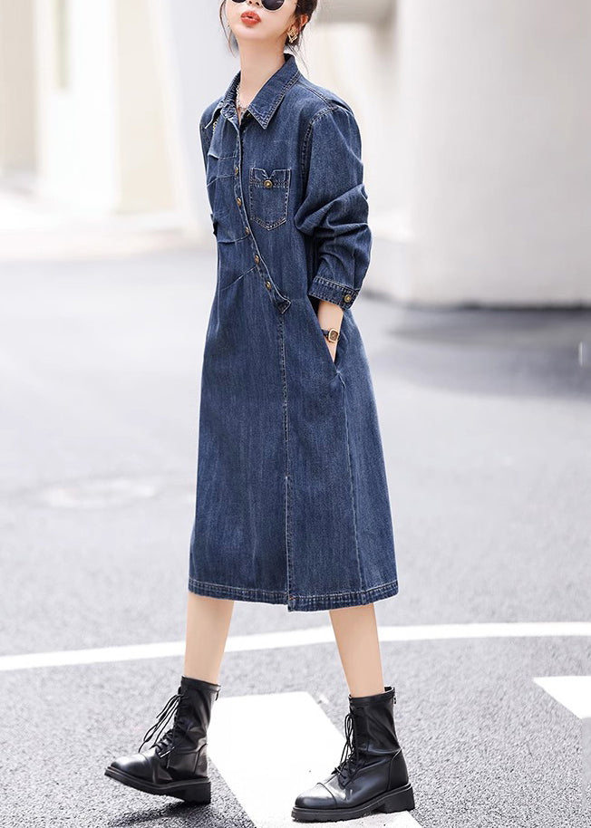 Vogue Blue Asymmetrical Patchwork Side Open Button Denim Long Dresses Fall