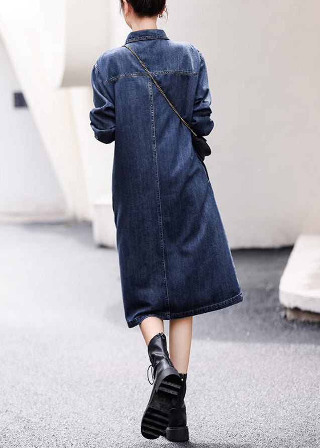 Vogue Blue Asymmetrical Patchwork Side Open Button Denim Long Dresses Fall