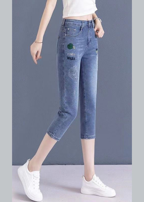 Vogue Blue Embroideried Button Crop Jeans