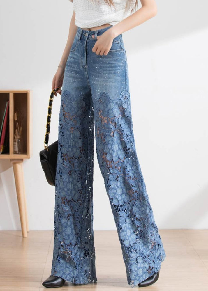 Vogue Blue Lace Patchwork Hollow Out High Waist Denim Pants - Omychic