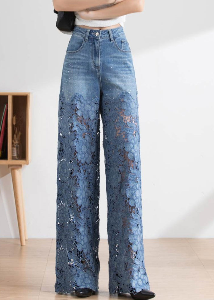 Vogue Blue Lace Patchwork Hollow Out High Waist Denim Pants - Omychic