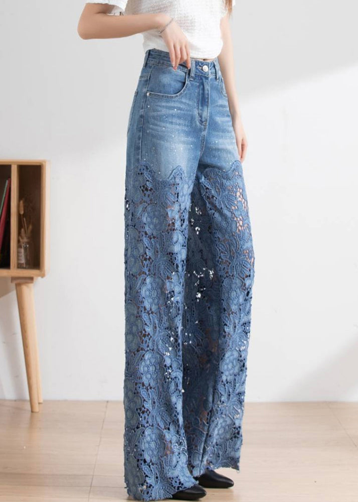 Vogue Blue Lace Patchwork Hollow Out High Waist Denim Pants - Omychic