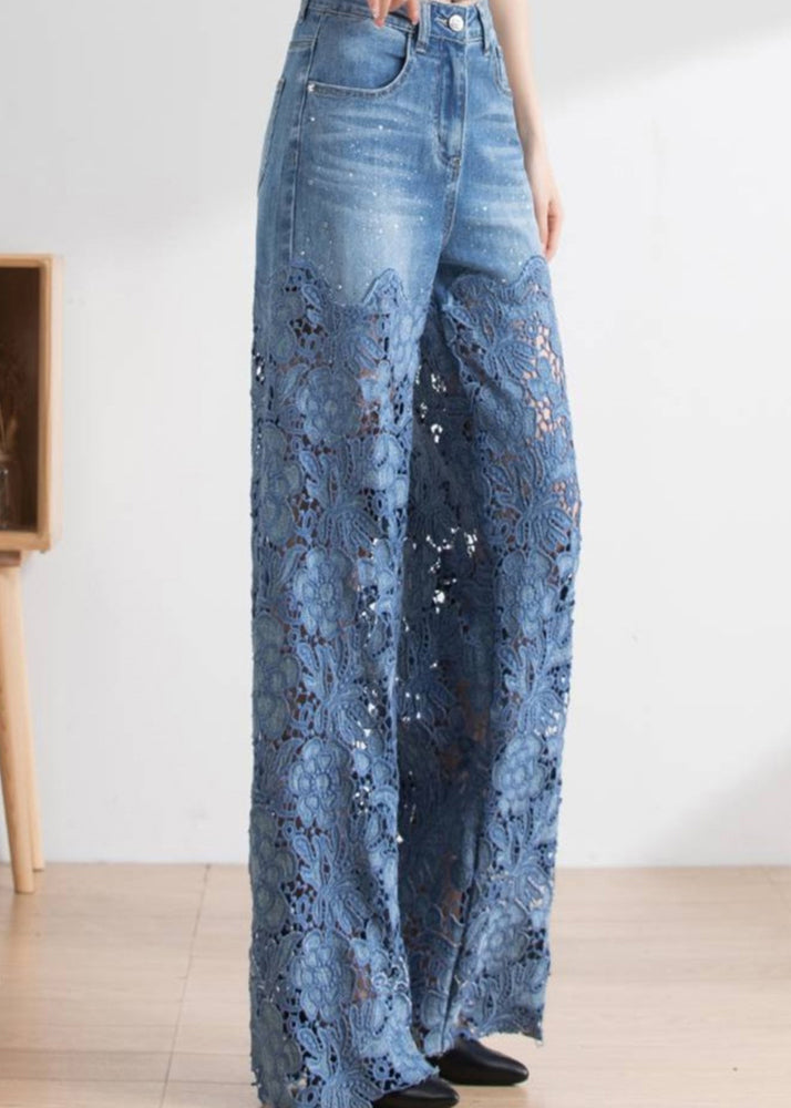 Vogue Blue Lace Patchwork Hollow Out High Waist Denim Pants