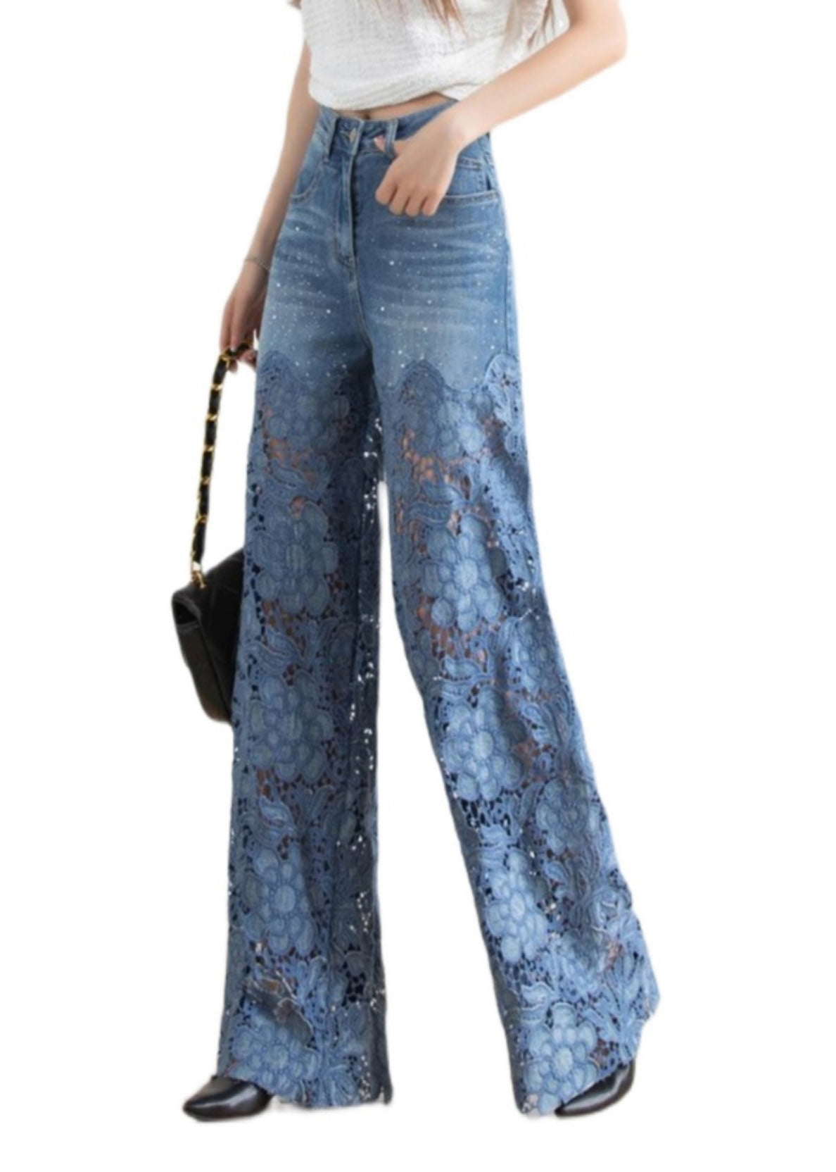 Vogue Blue Lace Patchwork Hollow Out High Waist Denim Pants - Omychic