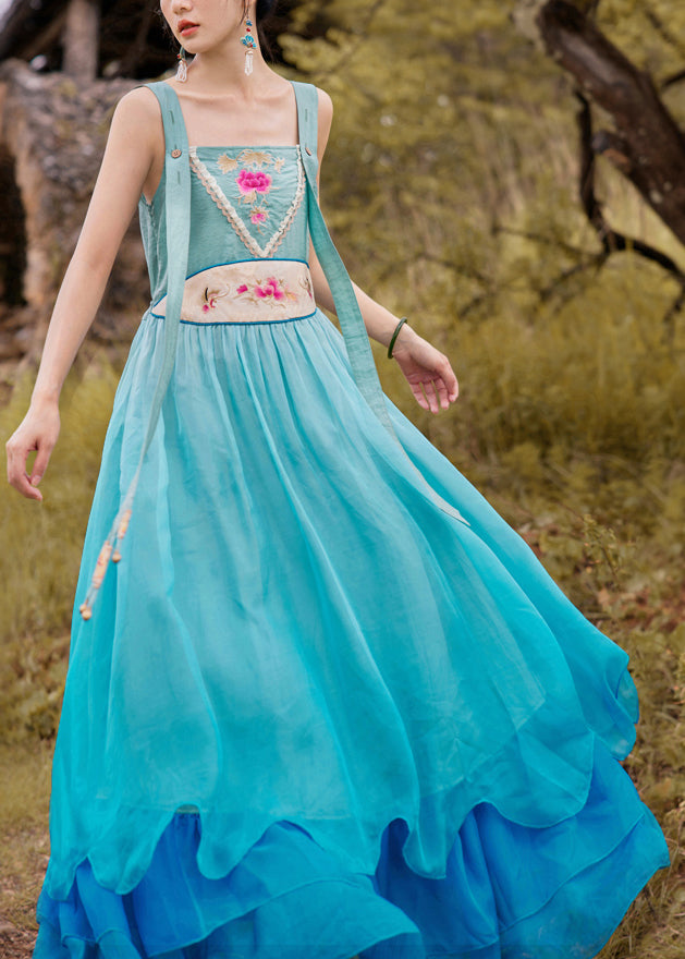 Vogue Blue Slash Neck Embroideried Floral Gradient Color Button Silk Maxi Dress Sleeveless