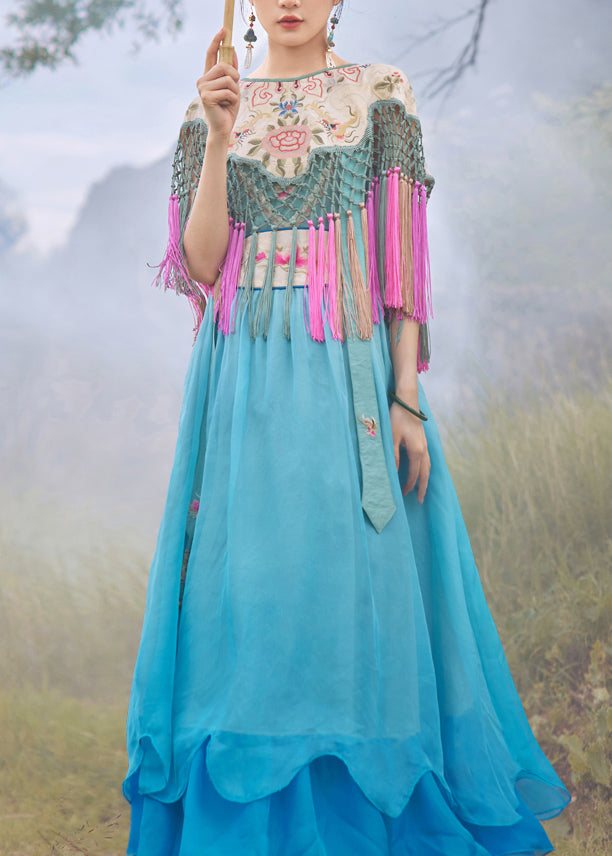 Vogue Blue Slash Neck Embroideried Floral Gradient Color Button Silk Maxi Dress Sleeveless
