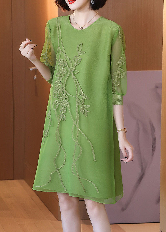 Vogue Green O-Neck Embroideried Holiday Tulle Mid Dress Fall