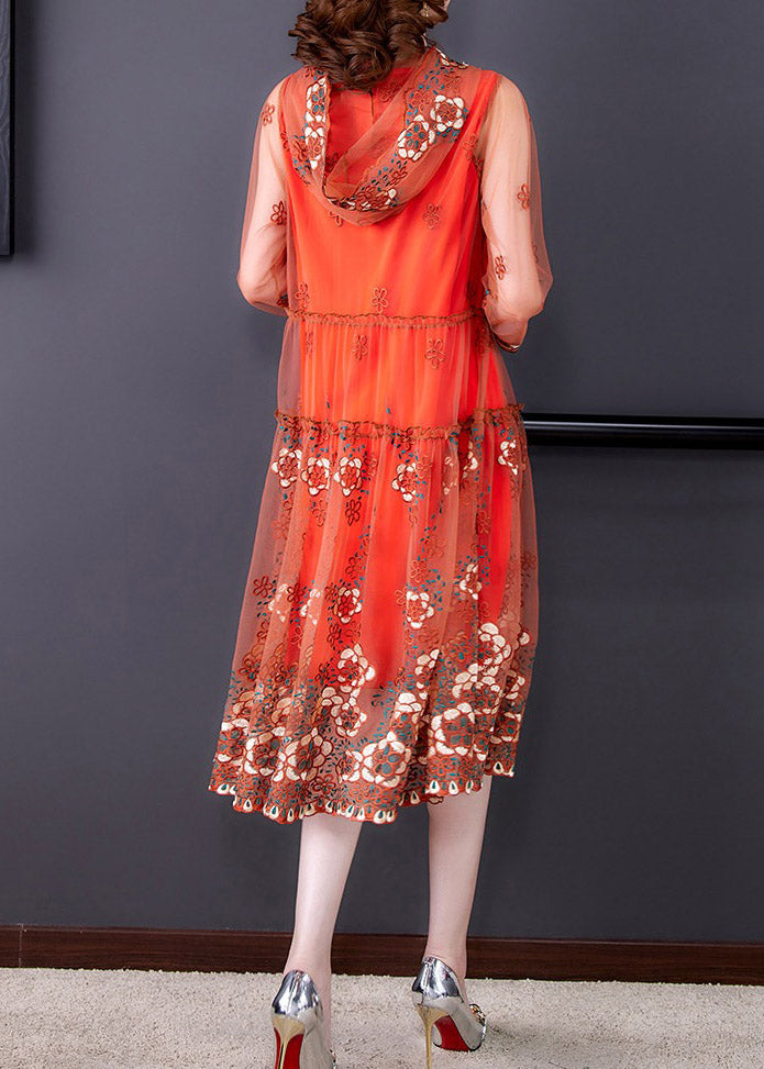 Vogue Orange Embroideried Floral Tulle Hooded Long Dresses Spring