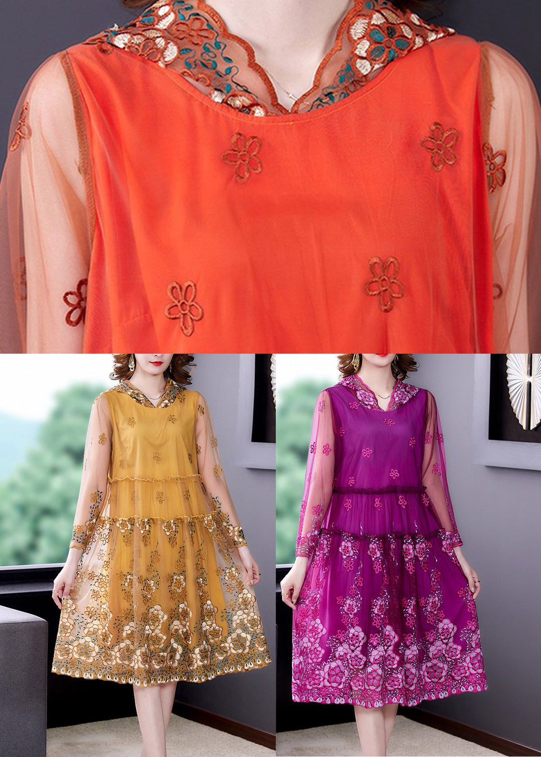 Vogue Orange Embroideried Floral Tulle Hooded Long Dresses Spring