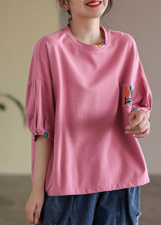 Vogue Pink O-Neck Embroideried T Shirt Half Sleeve