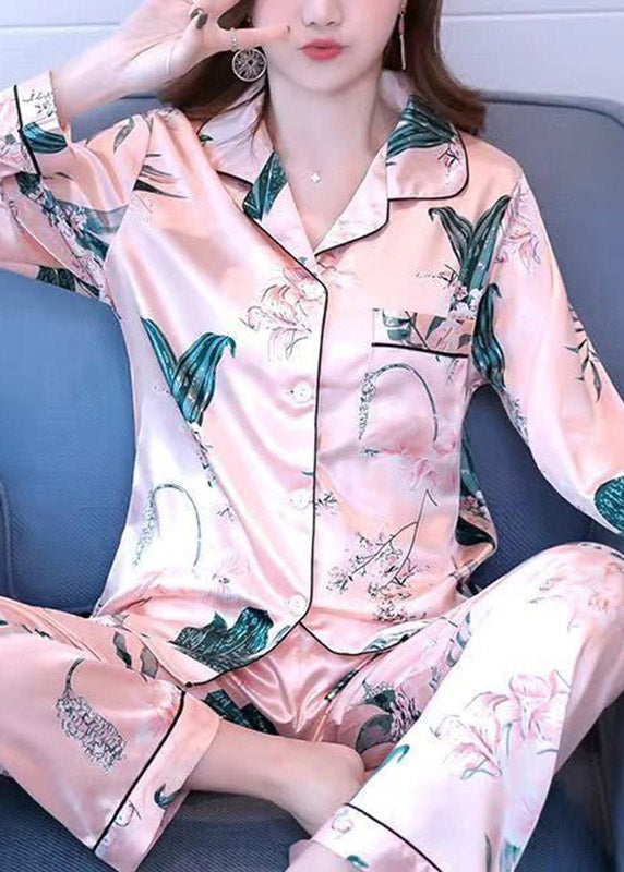 Vogue Pink Peter Pan Collar Print Button Ice Silk Pajamas Two Pieces Set Spring