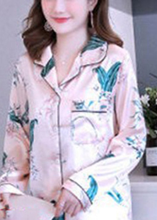 Vogue Pink Peter Pan Collar Print Button Ice Silk Pajamas Two Pieces Set Spring