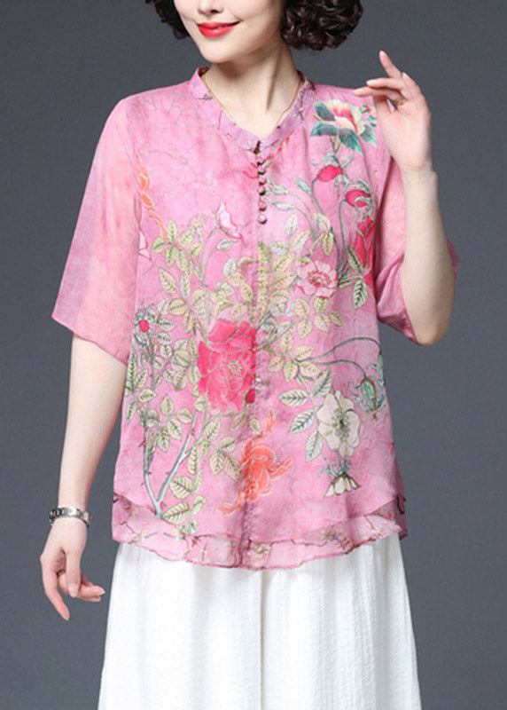 Vogue Pink V Neck Layered Button Shirt Half Sleeve