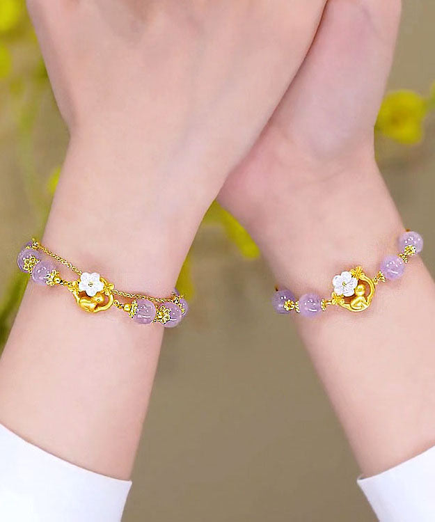 Vogue Purple Sterling Silver Overgild Inlaid Crystal Floral Rabbit Chain Bracelet