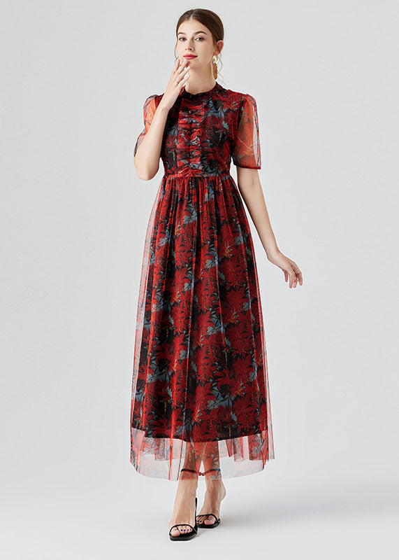 Vogue Red Ruffled Print Patchwork Tulle Long Dress Summer