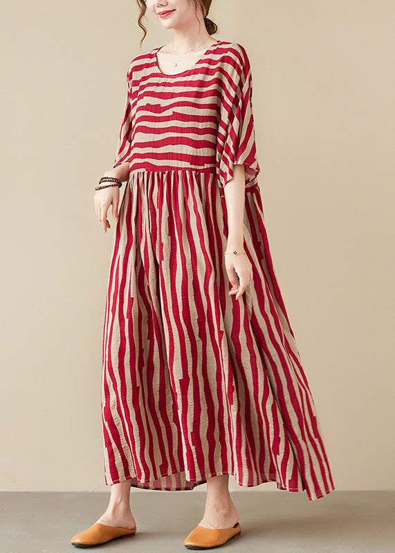 Vogue Red Striped O-Neck Long Dresses Short Sleeve