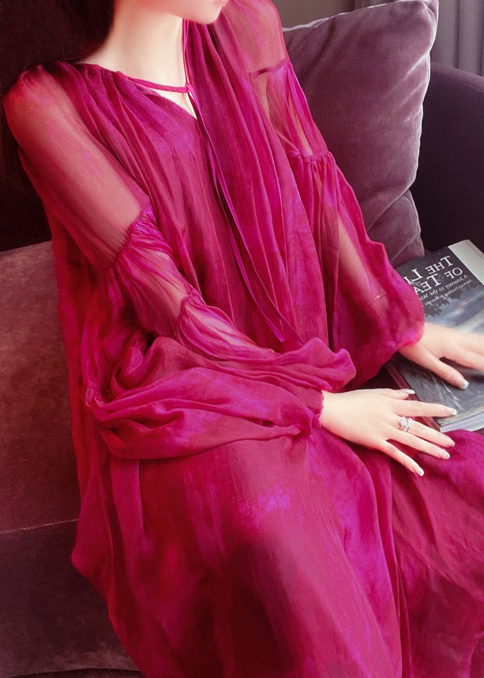 Vogue Red V Neck Silk Maxi Dress Lantern Sleeve