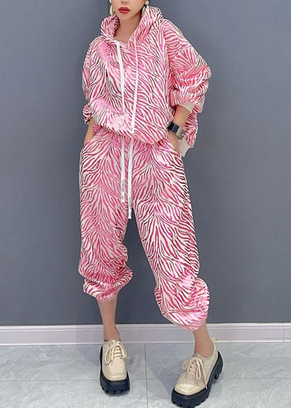Vogue Rose Striped Print Hooded Top And Pants Two Pieces Set Fall