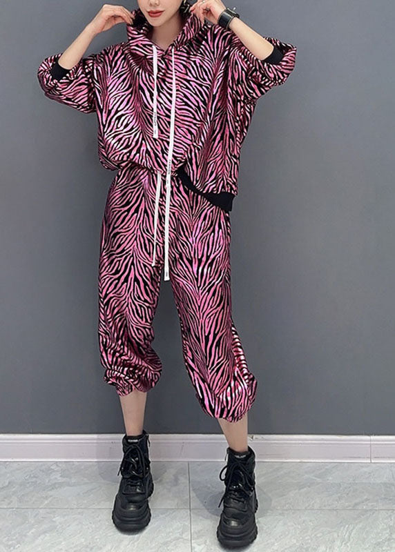 Vogue Rose Striped Print Hooded Top And Pants Two Pieces Set Fall