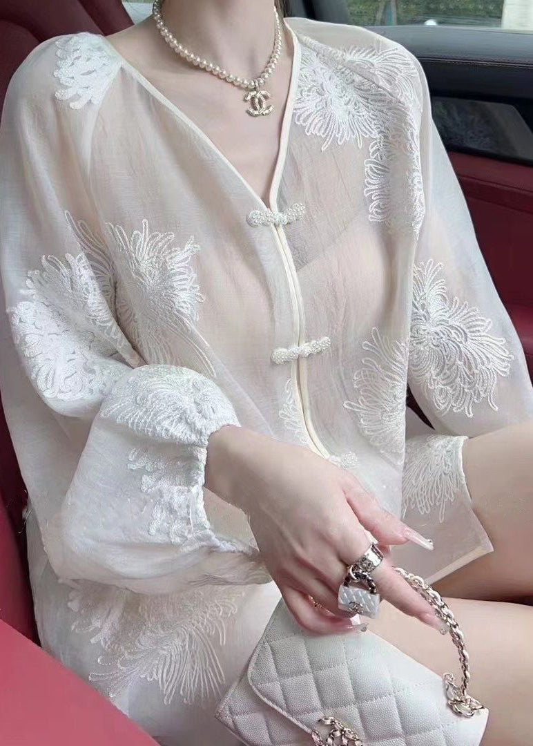 Vogue White Embroideried Button Chiffon UPF 50+ Shirt Fall