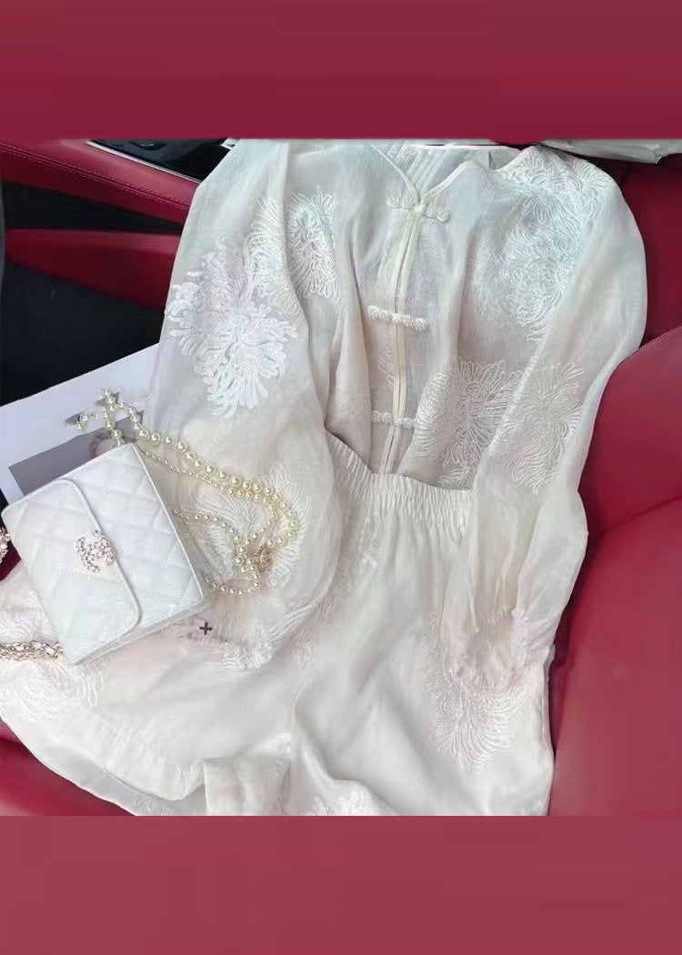 Vogue White Embroideried Button Chiffon UPF 50+ Shirt Fall