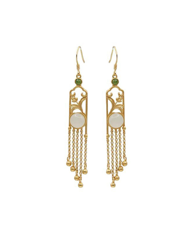 Vogue White Tassel Gold Plated Inlaid Hetian Jade Drop Earringss