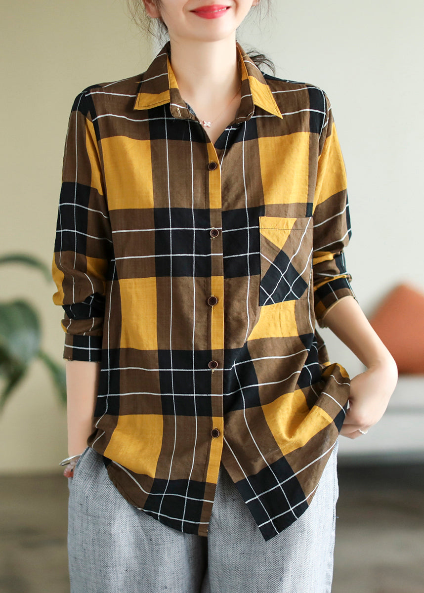 Vogue Yellow Peter Pan Collar Plaid Button Cotton Shirt Long Sleeve