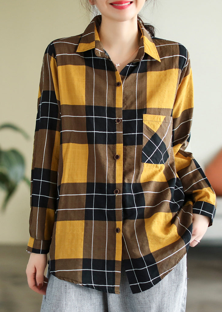 Vogue Yellow Peter Pan Collar Plaid Button Cotton Shirt Long Sleeve