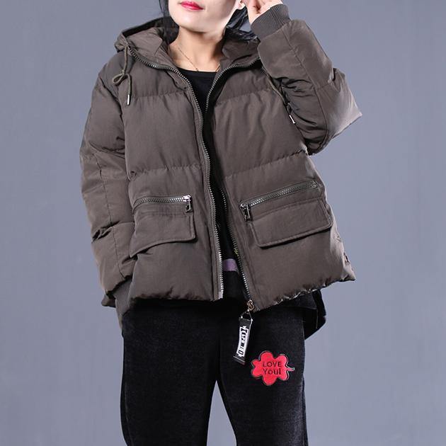 Warm army green quilted coat casual hooded zippered cotton jacket Elegant pockets patchwork coats - Omychic