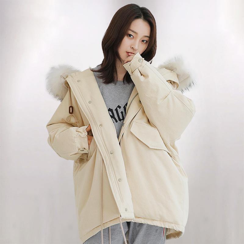 Warm beige white warm winter coat casual back open winter jacket fur collar Jackets - Omychic