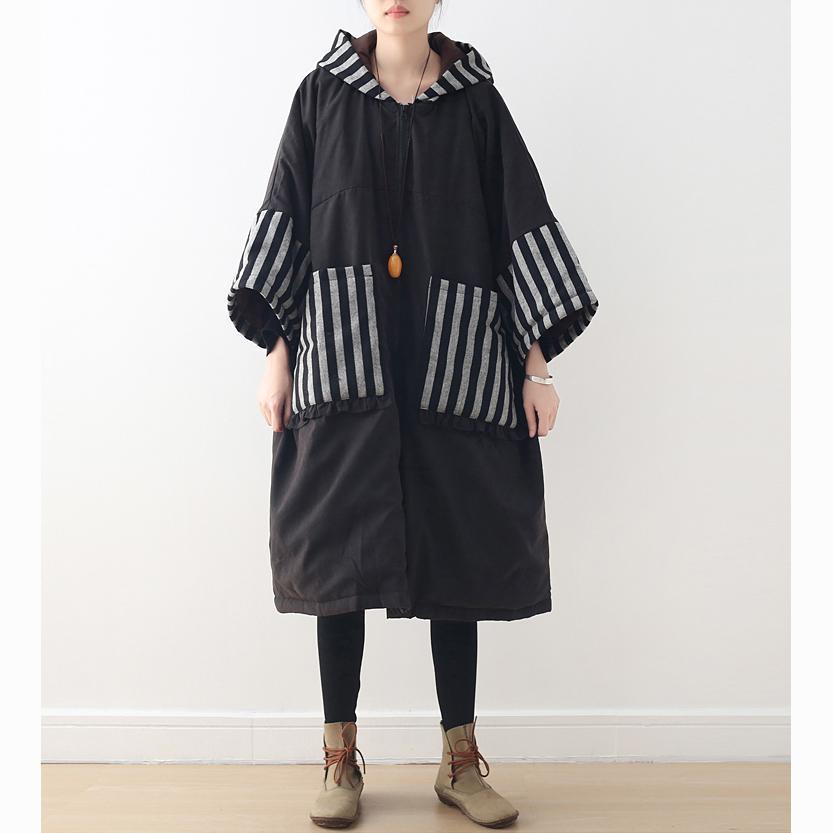 Warm black coat oversized hooded Batwing Sleeve quilted coat Luxury patchwork pockets overcoat - Omychic