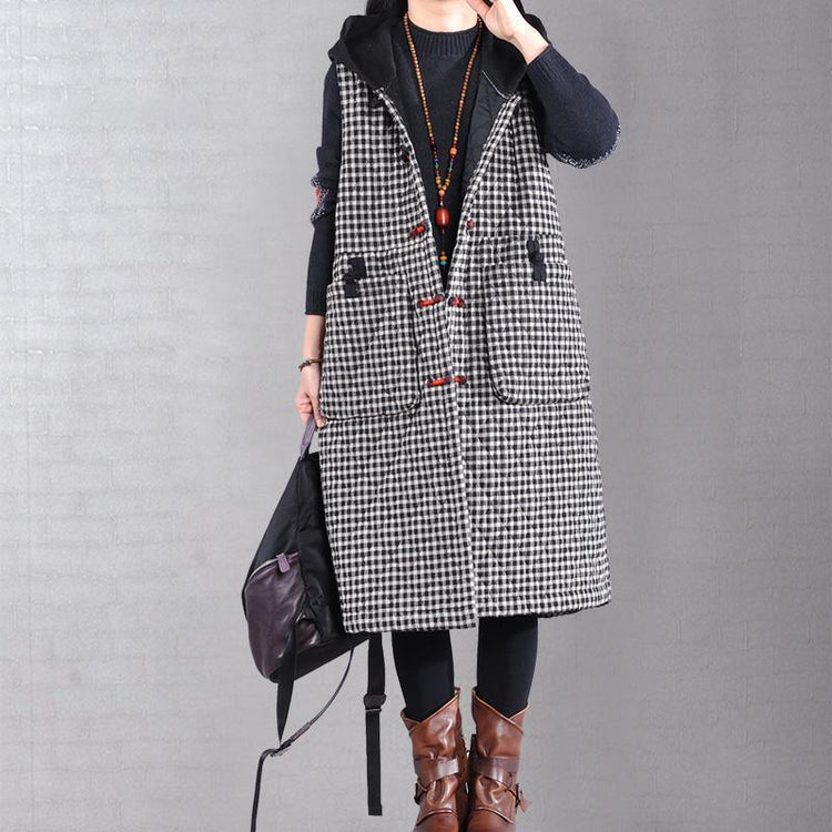 Warm black plaid winter outwear plus size winter jacket hooded sleeveless winter outwear - Omychic