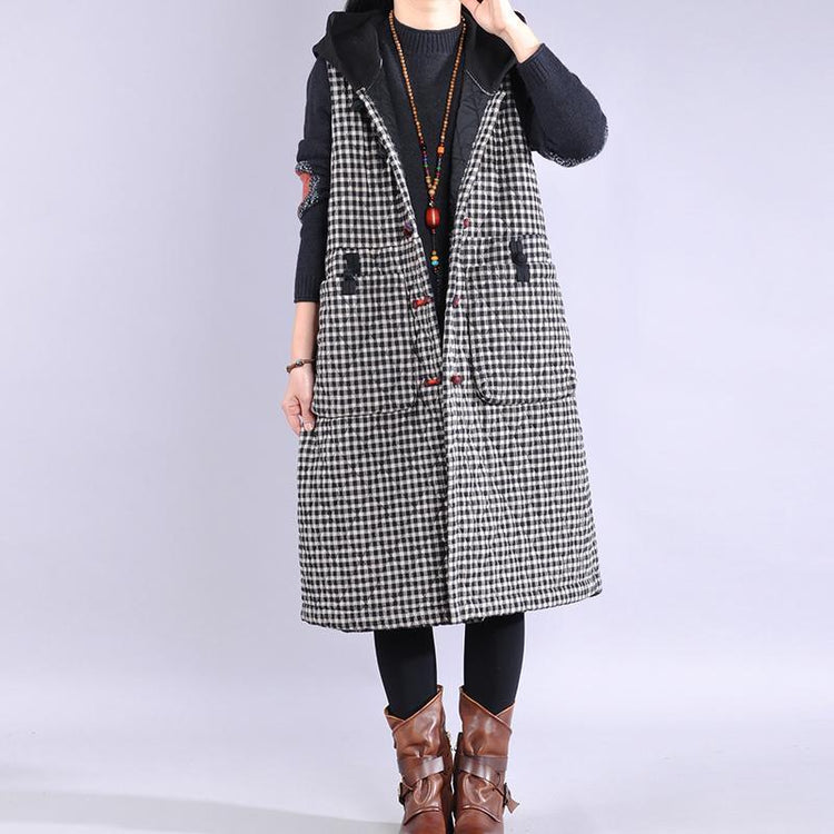 Warm black plaid winter outwear plus size winter jacket hooded sleeveless winter outwear - Omychic