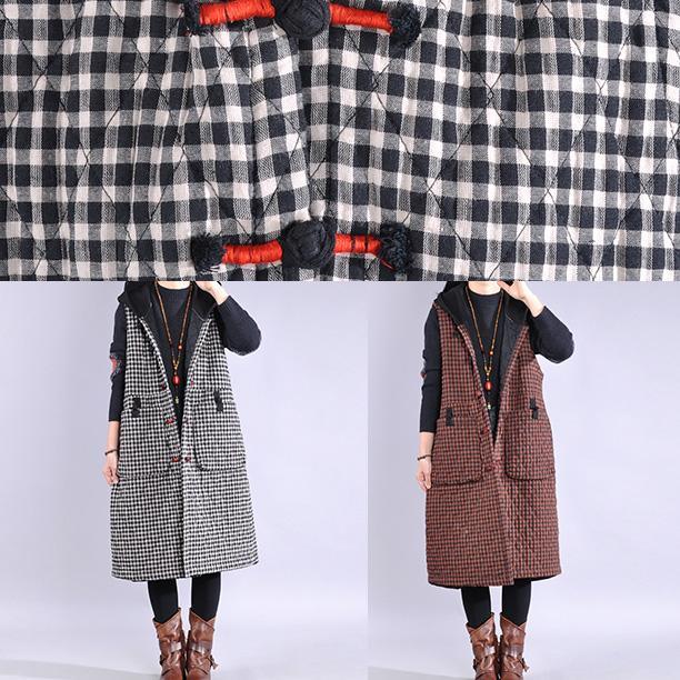 Warm black plaid winter outwear plus size winter jacket hooded sleeveless winter outwear - Omychic