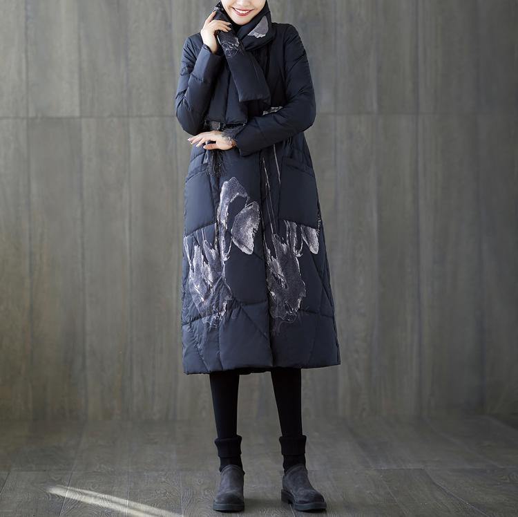 Warm black print down coat oversized tassel quilted coat top quality pockets down coat - Omychic