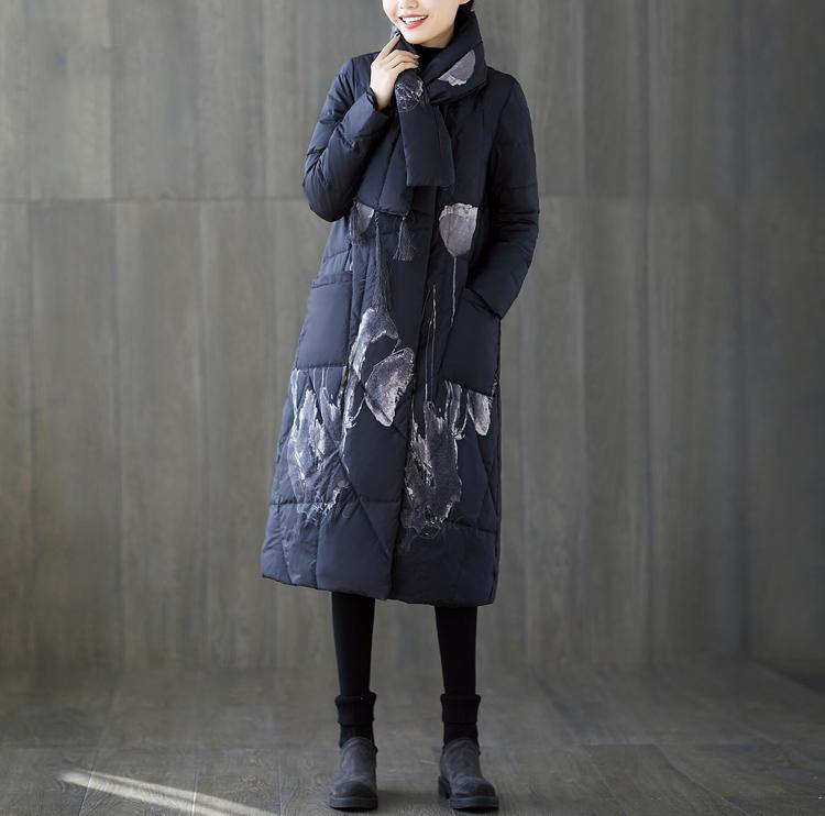 Warm black print down coat oversized tassel quilted coat top quality pockets down coat - Omychic