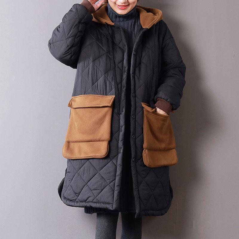 Warm black womens parkas oversize hooded New Large pockets winter outwear - Omychic