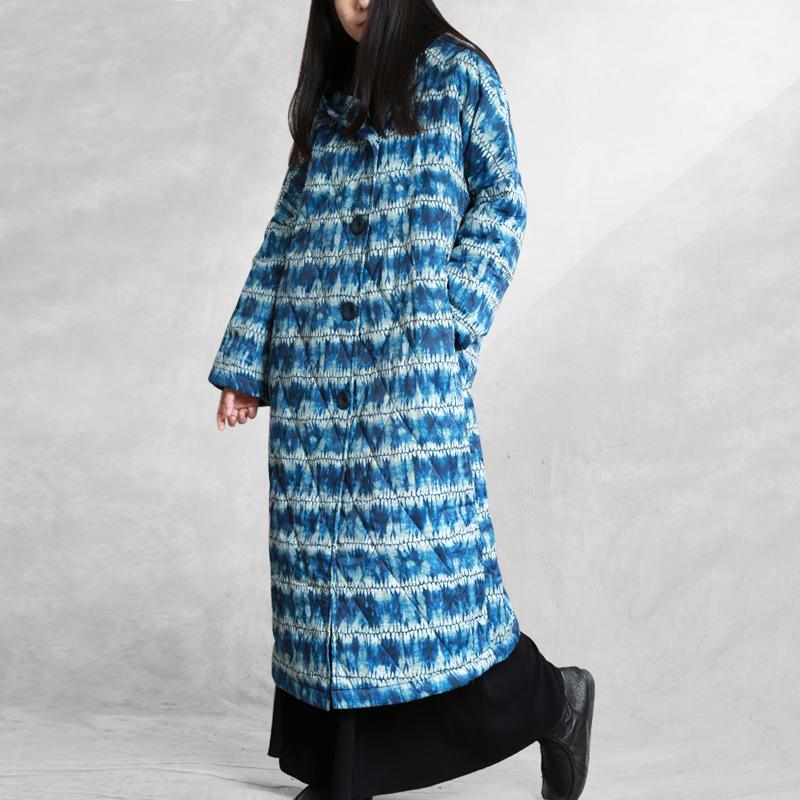 Warm blue print women parka Loose fitting down hooded Button outwear - Omychic
