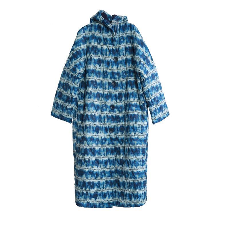 Warm blue print women parka Loose fitting down hooded Button outwear - Omychic