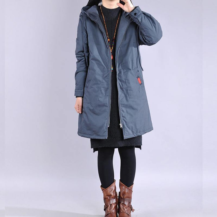 Warm blue zippered winter outwear trendy plus size Jackets & Coats hooded winter outwear - Omychic